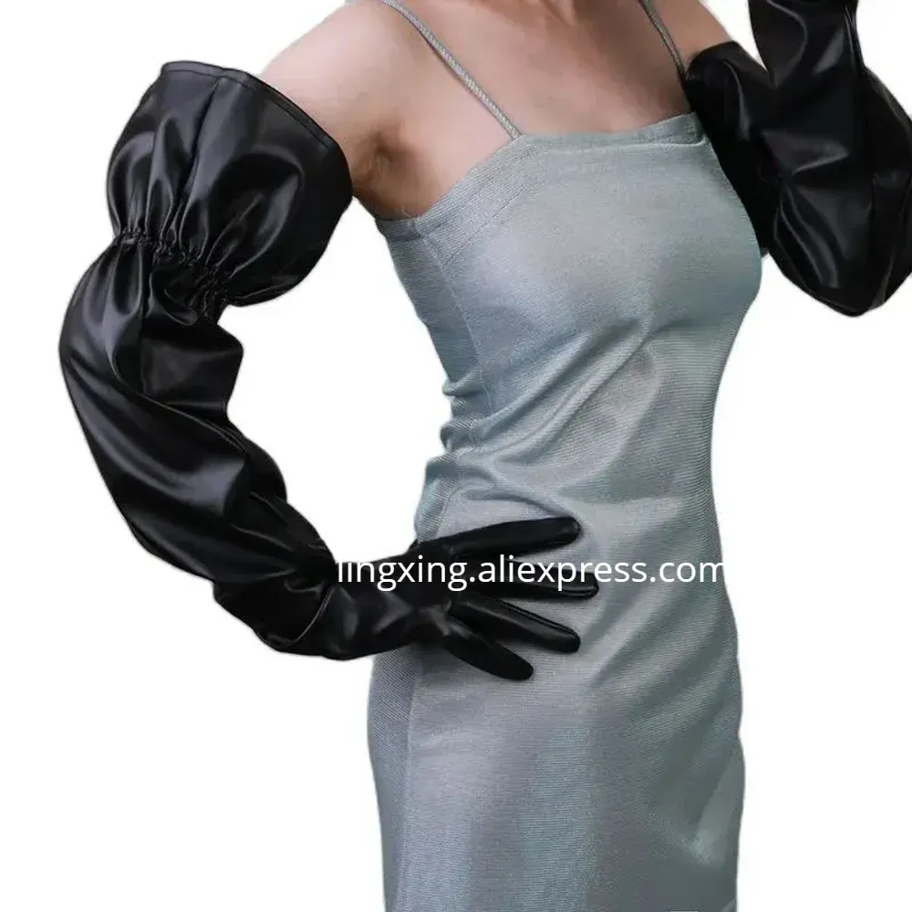 SUPER DUNNE lederen handschoenen zwart 70 cm lang kunst PU TECH elastisch GEEN voering 4 seizoenen cosplay avondevenementen modekostuum  200000297