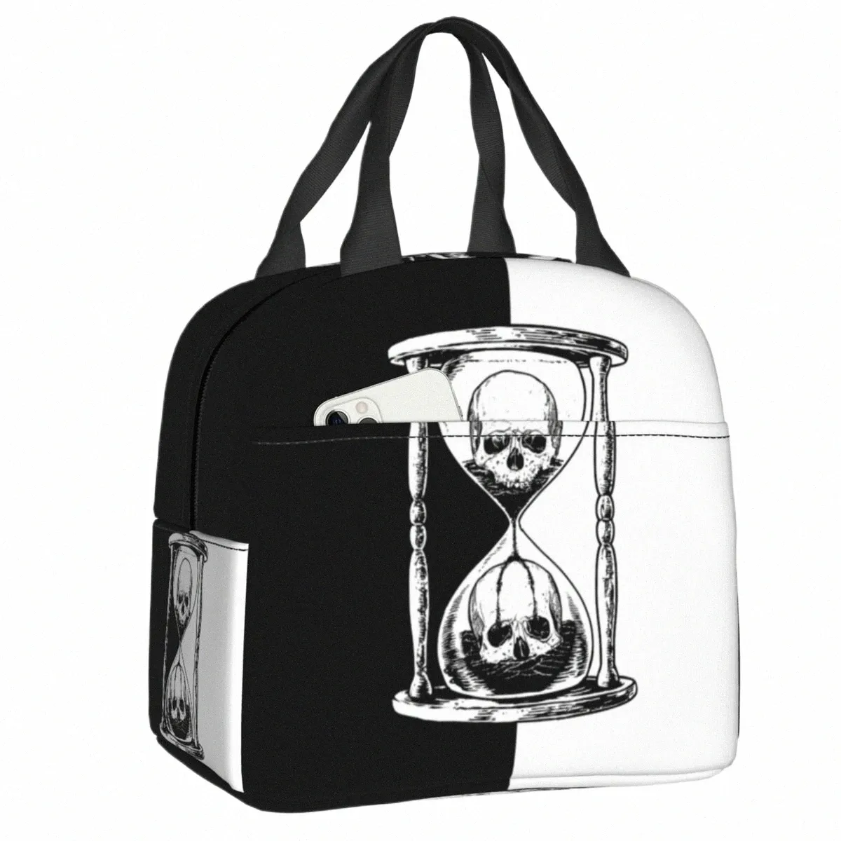 Noir et blanc Unus Annus Sac à lunch isolé thermique Memento Mori Ethan Mark Hourglass Portable Lunch Ctainer Food Box B03z #