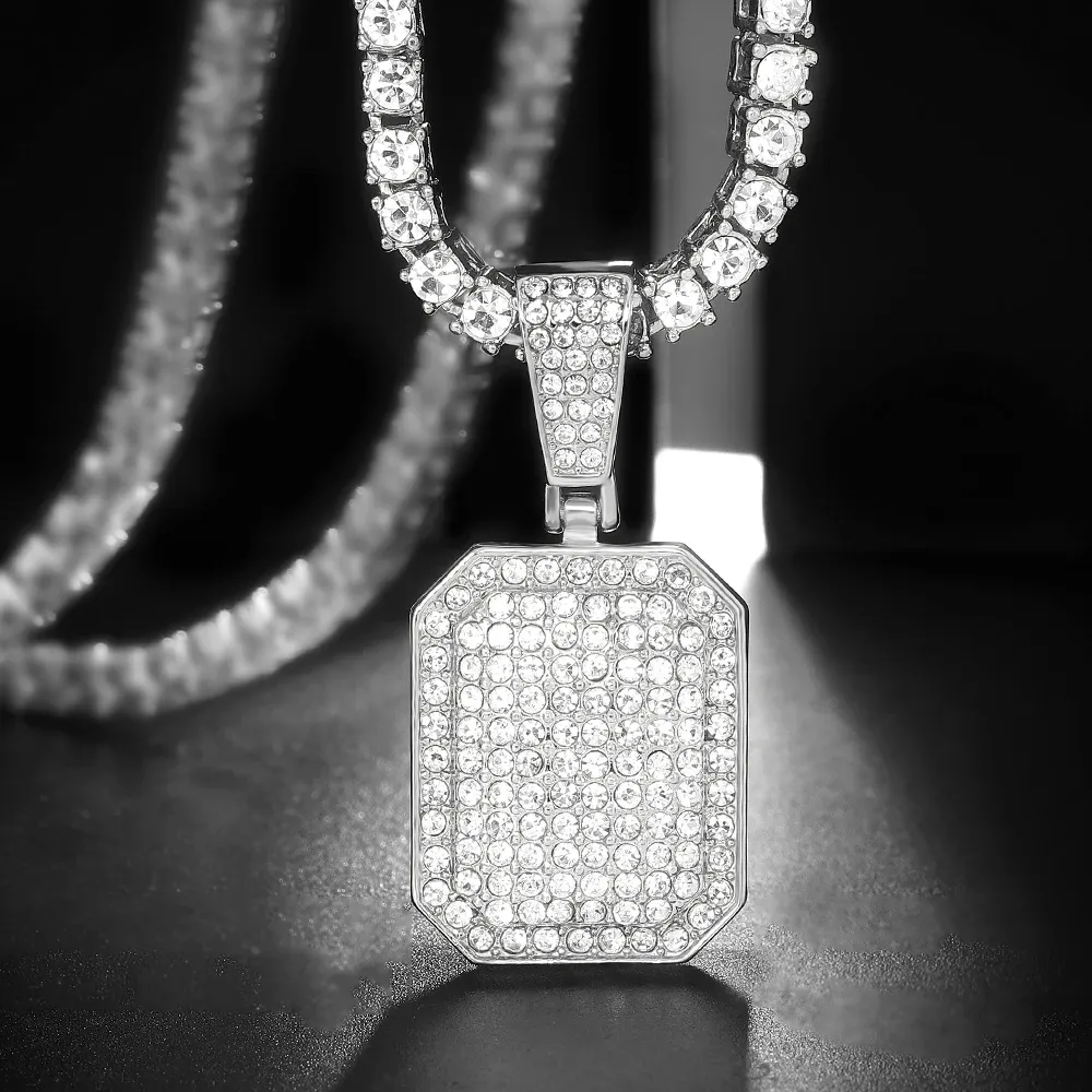 Rhinestone Square Pendant Necklace, Iced Out 4mm Tennis