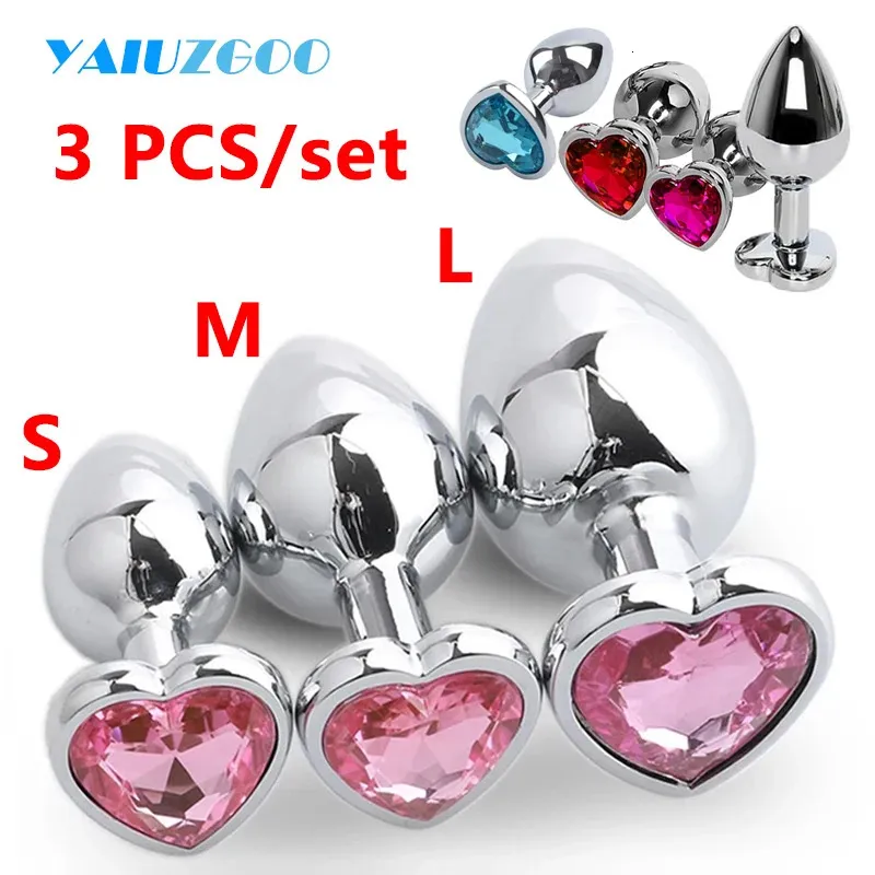 3 pezzi set plug anale cuore in acciaio inossidabile cristallo giocattolo liscio per le donne 3 dimensioni butt plug stimolatore massaggiatore prostatico giocattolo adulto del sesso 240320