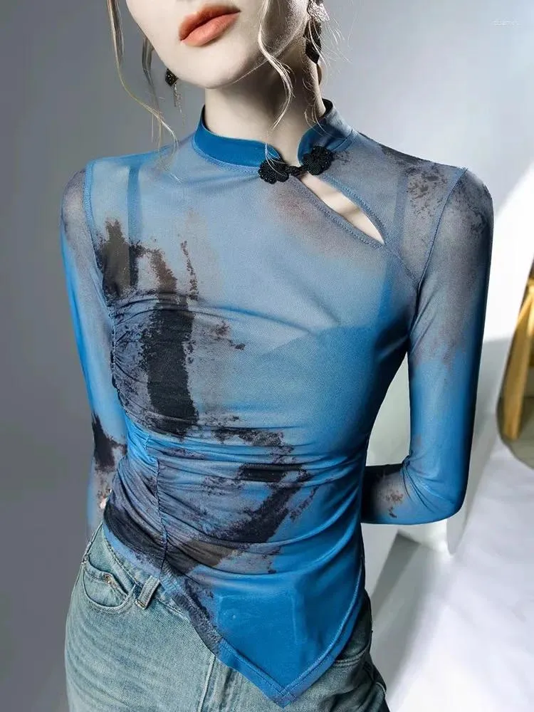 Женские футболки в китайском стиле, сетчатая футболка с пряжкой и пряжкой для женщин, эластичный топ с длинными рукавами и плиссированной талией, тонкий перспективный низ