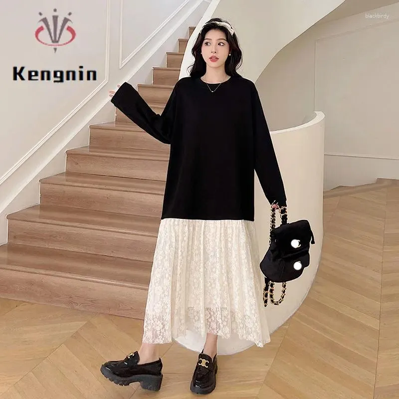 Casual Dresses Loose Plus Size Women's 2024 Autumn Winter Black Patchwork Lace Ladies Vestidos Långärmad kvinnlig toppar Robe Ke3692