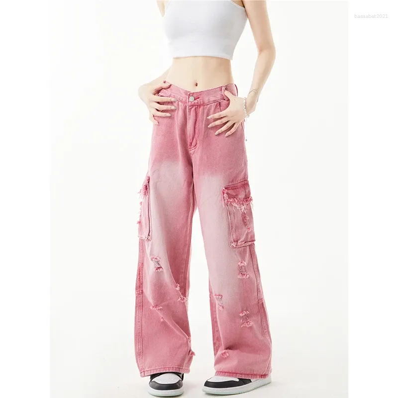 女子ジーンズの女性ピンク貨物パンツハイウエストカジュアルビンテージファッションレジャーストレートワイドレッグ2024冬のモッピングズボン