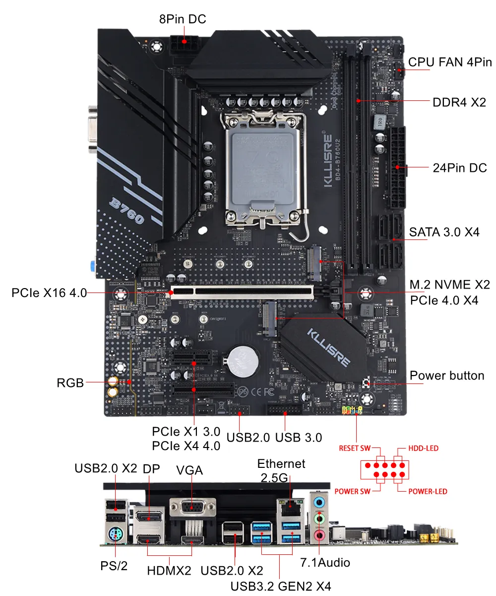 Kllisre B760 Motherboard Set with Core i3 12100F and 16GB DDR4