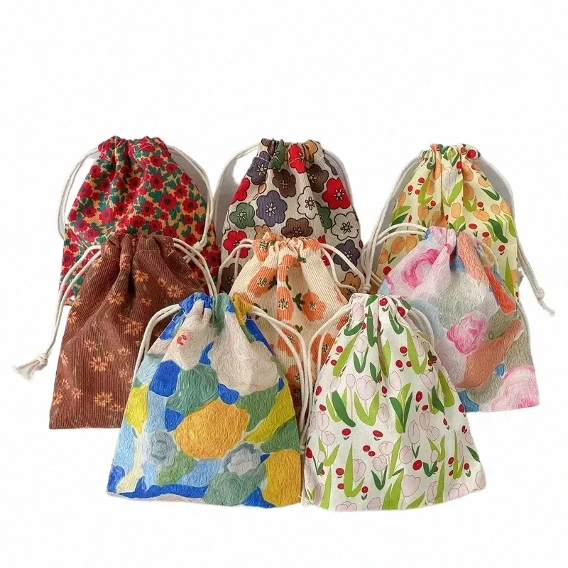 14 * 16 cm stile giapponese Fr piante coulisse Cott sacchetto di immagazzinaggio regalo caramelle gioielli organizzatore trucco cosmetici monete chiavi borse K6OS #