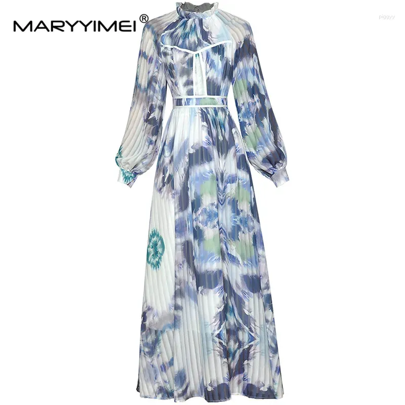 Vestidos casuales maryimei diseñador de moda otoño vestido midi linterna de mujer manga tie-dye raya impresa elegante vacaciones