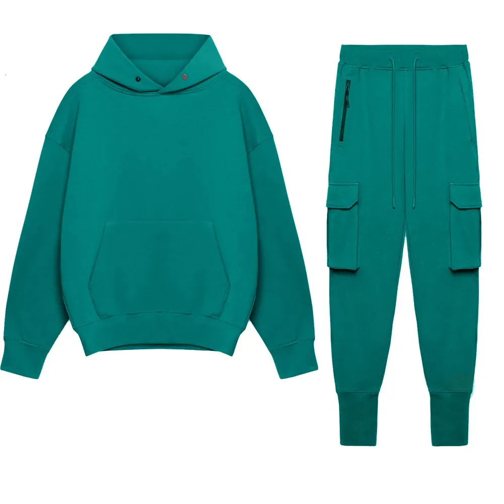 Mens Grosso Algodão Conjuntos de Treinamento Hoodie Casual Esportes Verde Teal Pulôver Com Capuz Duas Peças Carga Calças Ginásio Correndo Fatos 240320