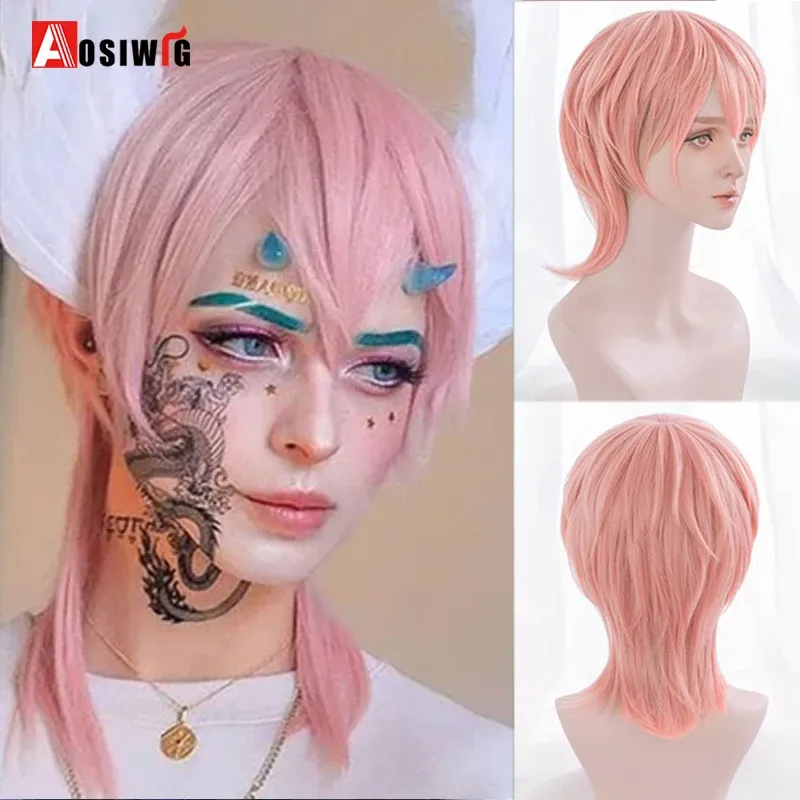 Perucas sintéticas curtas cosplay masculino peruca anime loira bob rosa perucas com franja para mulheres encaracolado vermelho preto natural cabelo falso branco marrom