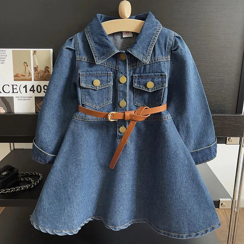 Childrens Cute Casual Denim Dress Korean Version Girls Belt SlimFit Lapel Long Sleeve Skirt Fashion Simple Aline Dresses 240326