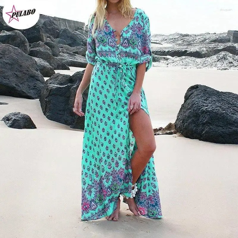 Casual Dresses PULABO Bohemian Printing Beach Dress Long Sleeve Hippie Chic Maxi Holiday One Size Bandage Vacation Vestidos