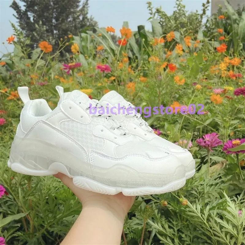 17FW Paires Clear Sole Triple S Baskets Hommes Femmes Chaussures Casual Mode Crystal Bottom Sneaker Designer Formateurs Vieux Papa Chaussure Blanc Noir Vert Rose Jaune k22