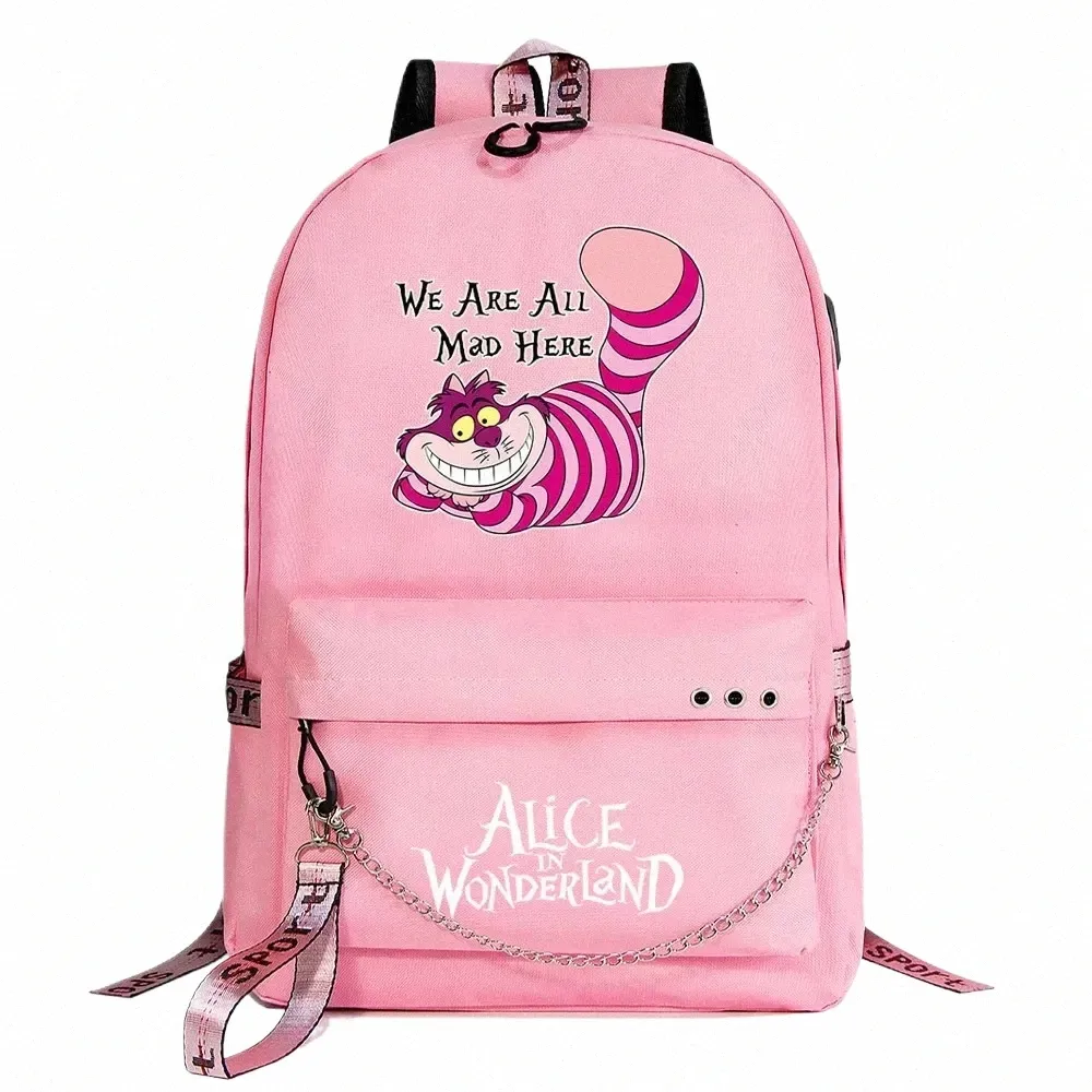 Alice In Wderland Meninos Meninas Crianças Sacos de Livro Escolar Mulheres USB Cadeia Mochila Canvas Homens Laptop Bagpack Packsack Bookbag I2dl #