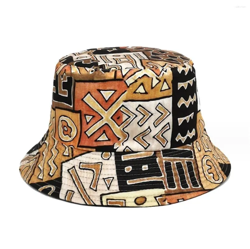 Berretti 2 pezzi Cappello da pescatore stile bohemien fronte-retro Moda Estate Donna Simboli della marea Stampa Bacino Hip Hop Secchio