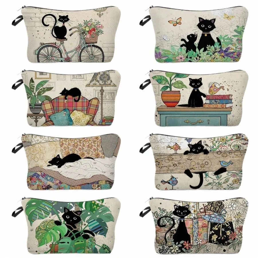 Personnalisé Black Cat Print Sac de maquillage de transfert de chaleur Casusl Voyage Petits sacs de toilette de haute qualité Cosmétique Femme Pochette cadeau C33L #