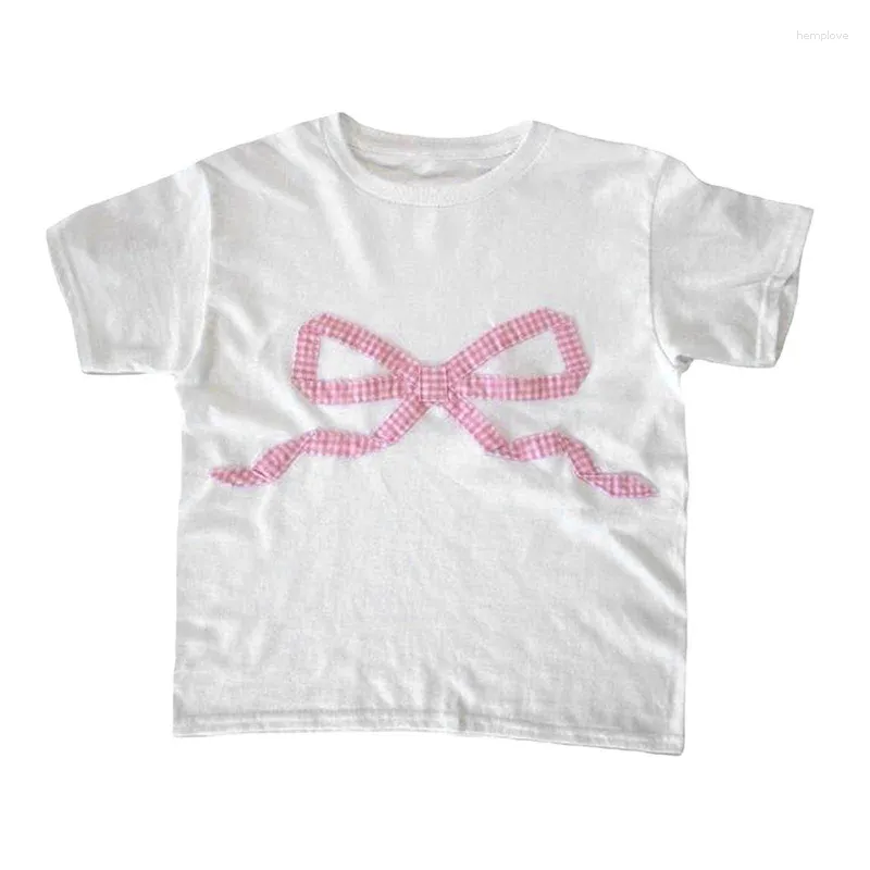 T-shirts pour femmes Streetwear Y2k Plaid Bow doux à la mode Kawaii col rond à manches courtes coupe ajustée T-shirt sexy bébé haut fille épicée