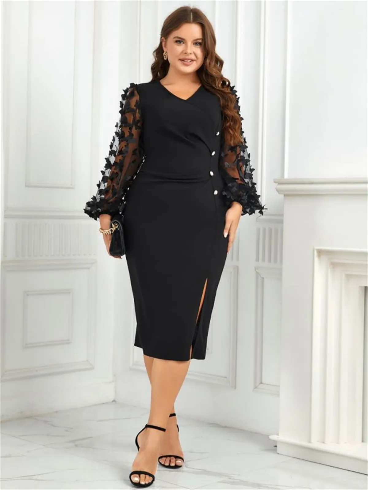 black dress with sleeves formal Zapaka Women Black Mother Of The Bride Dress With Appliques Long Sleeve A Line Formal Dress, Black / US16W main image 0