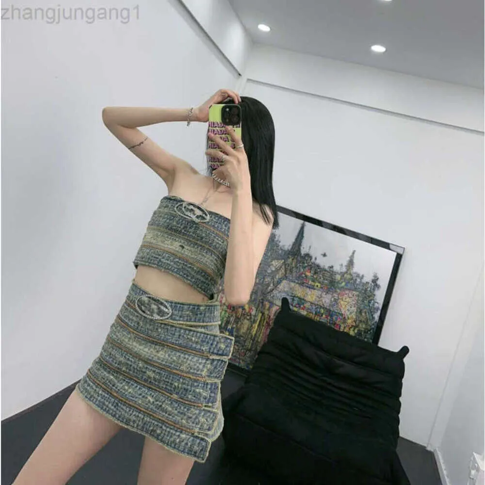 Desginer Diesal T-Shirt Sense Heavy Industry Diamond Embedding Denim Bra Womens Summer New French Spicy Girl Sexy 2024