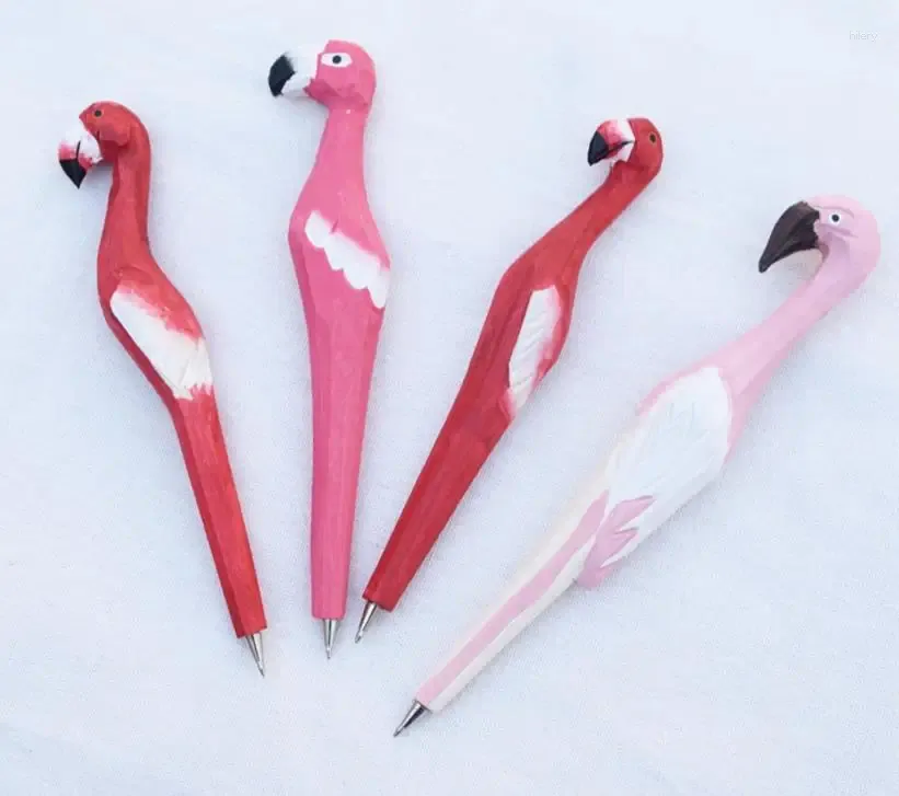 Party Favor Pink Flamingo Ballpoint Biro Gel Pen Handmased Carved Wood Animal Stationery Tropical Bird Craft Students Pris