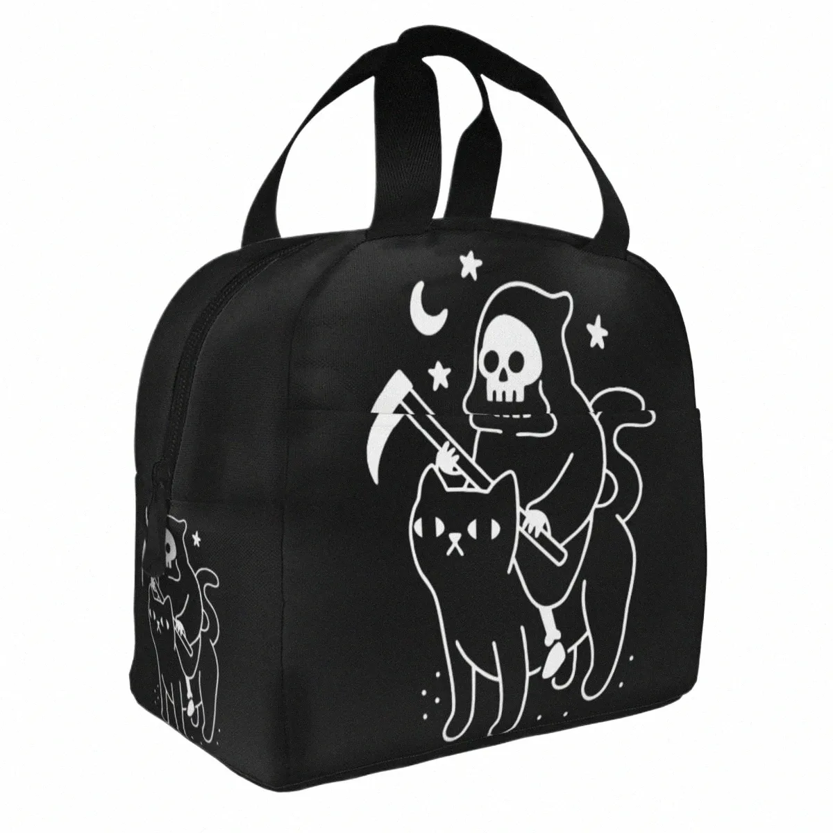 Death Rides A Black Cat Isolated Lunch Bags Thermal Bag Meal Ctainer Horror Halen Grim Reaper Funky Tote Lunch Box D97k#