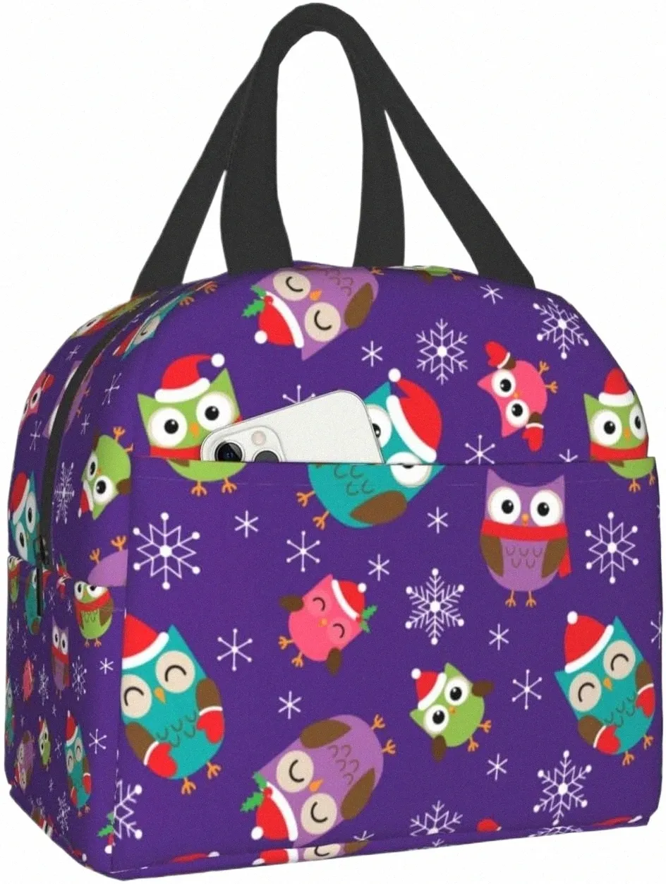 cute Christmas Owls Lunch Box Reusable Insulated Lunch Bag for Travel Picnic Shop Work Food Ctainer for Adults Teens Kids 1932#