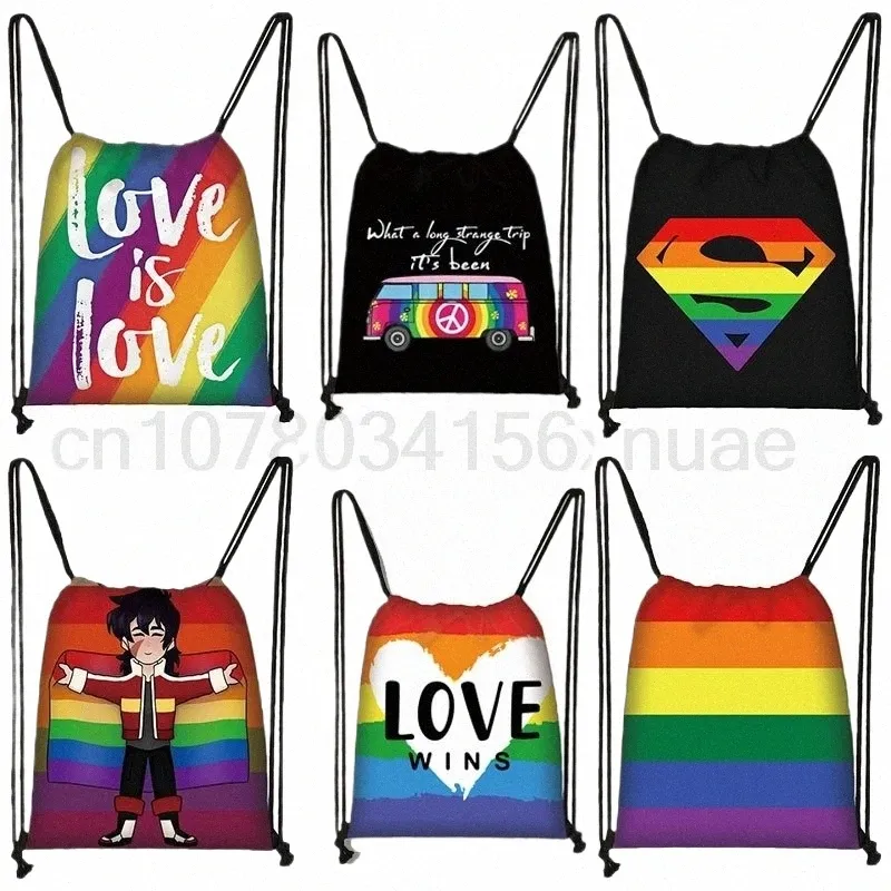 Lgbt Rainbow Heart Pattern Sac à cordon Lesbienne Gay Pride Sacs à dos pour voyage homosexuel Fi Rainbow Sac de rangement Cadeau S0AQ #