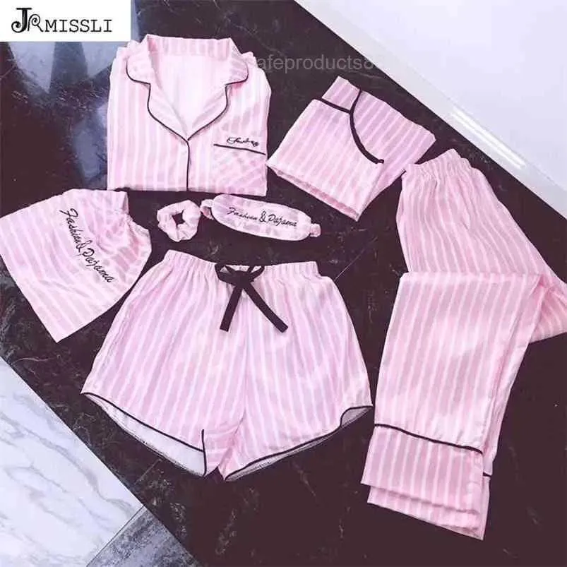 Vêtements JRMISSLI Pyjamas Femmes 7 pièces Pyjamas roses Ensembles Satin Soie Sexy Lingerie Home Wear Pyjamas de nuit Ensemble Pijama Femme 210831