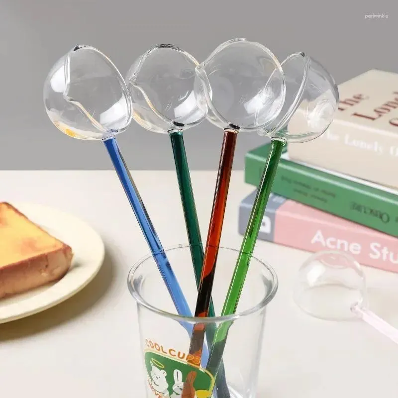 Cucchiai Cucchiaio in vetro borosilicato con manico lungo colorato Resistente al calore, beccuccio per zuppa profonda, piccoli utensili da cucina