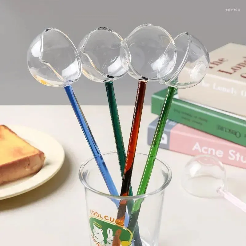 Lepels Borosilicaatglaslepel met gekleurde lange steel Hittebestendige diepe saus Soepuitloop Kleine tekening keukengereedschap