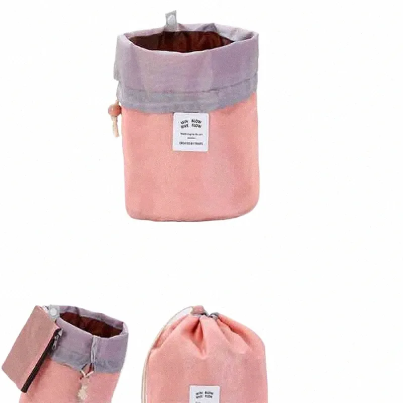 1 Pz Borsa per il trucco di colore solido Borsa per cosmetici da viaggio con coulisse Borsa per trucco cilindrica con barile impermeabile Borsa da toilette Organizzatore d4cY #