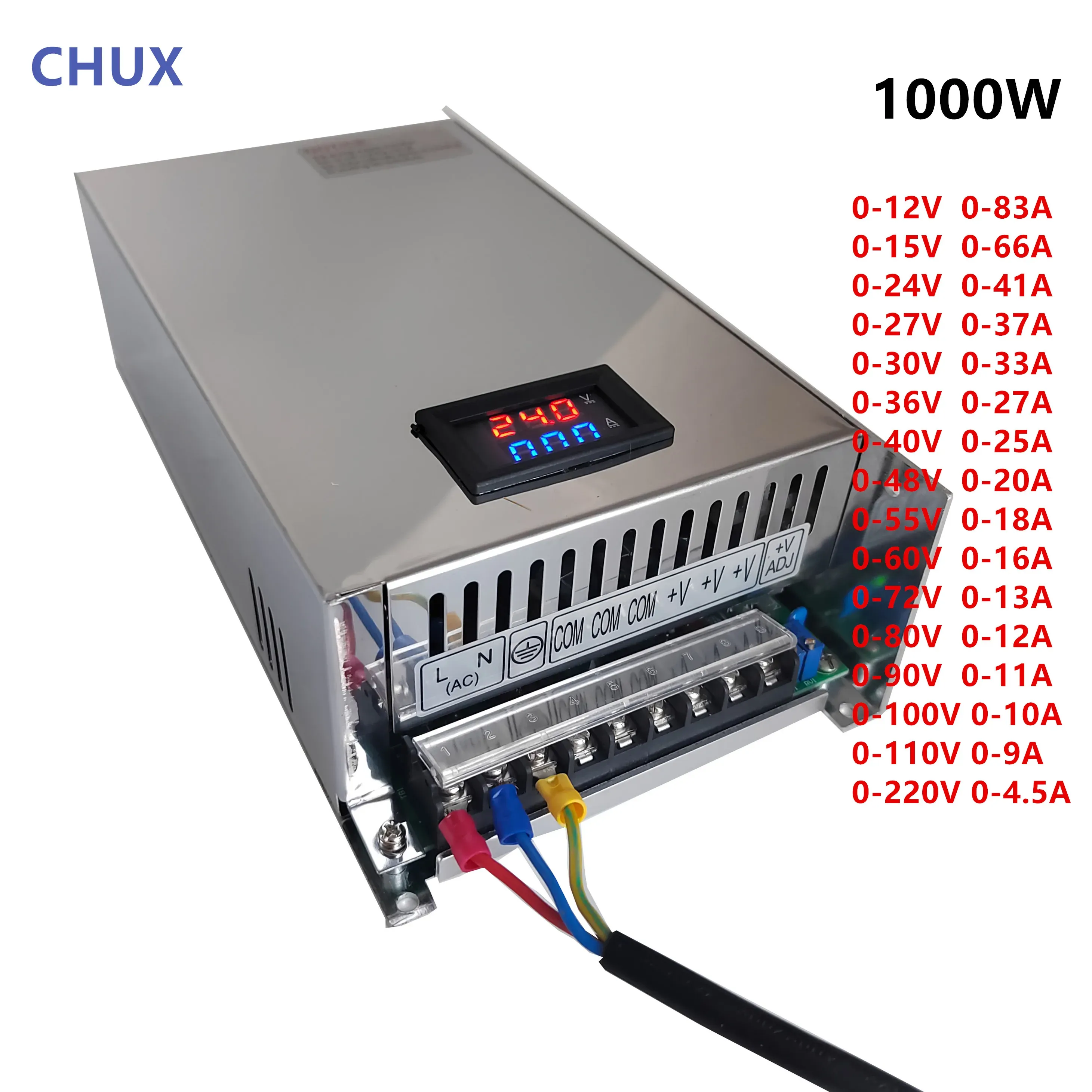 Chux justerbar omkoppling strömförsörjning med display 0-12V 15V 24V 27V 36V 40V 48V 55V 1000W SMPS 60V 80V 90V 100V 110V 220V DC