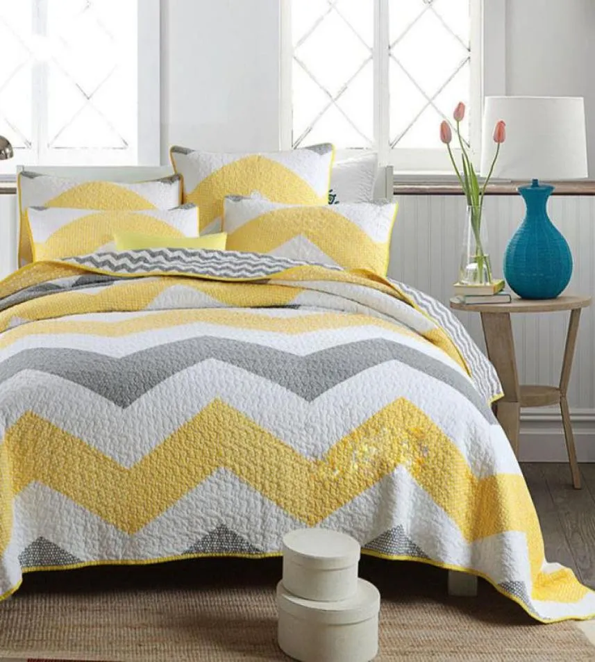 CHAUSUB Bedspreads Quilt Set 3PC Striped Cotton Quilts Patchwork Bed Cover Blanket King Size Quilted Bedding Coverlet Yellow T20069916706