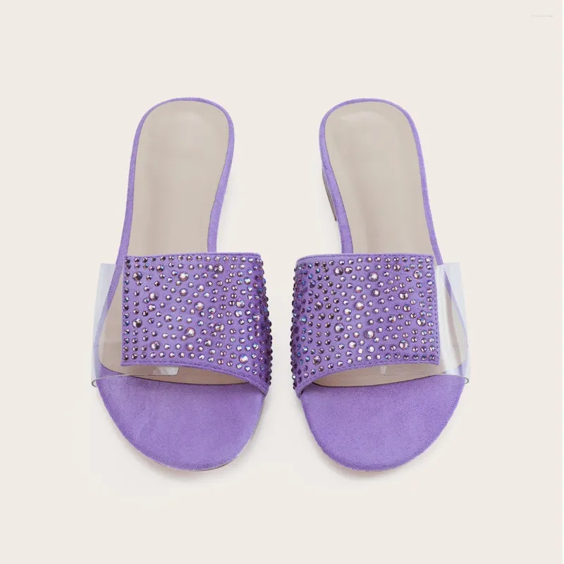 Tofflor runda tå sandal kvinnor yttre slitage kristall låg fyrkantiga klackskor kortfattade bling zapatos para mujeres