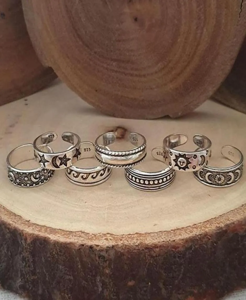 7PCSSet Vintage verstelbare opening vingerring retro holle gesneden ster maan teen ringen kits Boheemse strandvoet ringen sieraden7781364