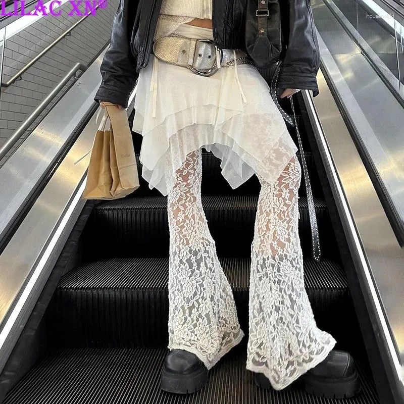 Damesbroek y2k sexy floral kanten mesh zie door broekkirt vintage esthetische witte rok wijd uitlopende vrouwen zomer mode streetwear