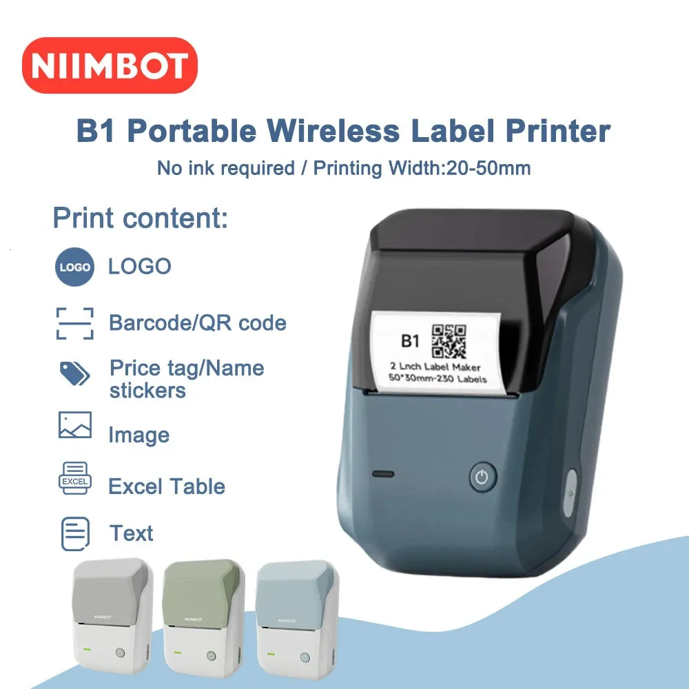 NIIMBOT B1 Label Maker Portable Handheld Thermal Printer Mini Barcode QR Code Sticker 20-50mm Paper Rolls Maker Cable Tag 240417