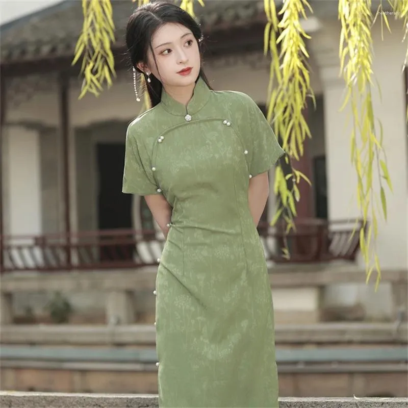 Abbigliamento etnico giovane stile ragazza estate migliorata verde cinese tradizionale cheongsam signore eleganti abiti da qipao lungo festa serale retrò retrò
