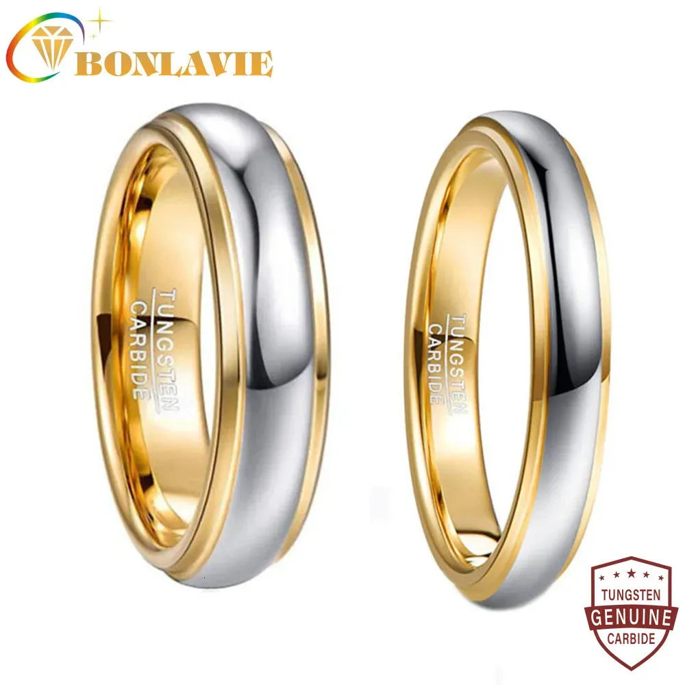 Bonlavie 6mm 4 mm Breite gewölbter polierter Schritt Gold Farbbeschichtung Wolfram Ring Ehering Band Komfort Fit Wolfram Carbid Ring 240424