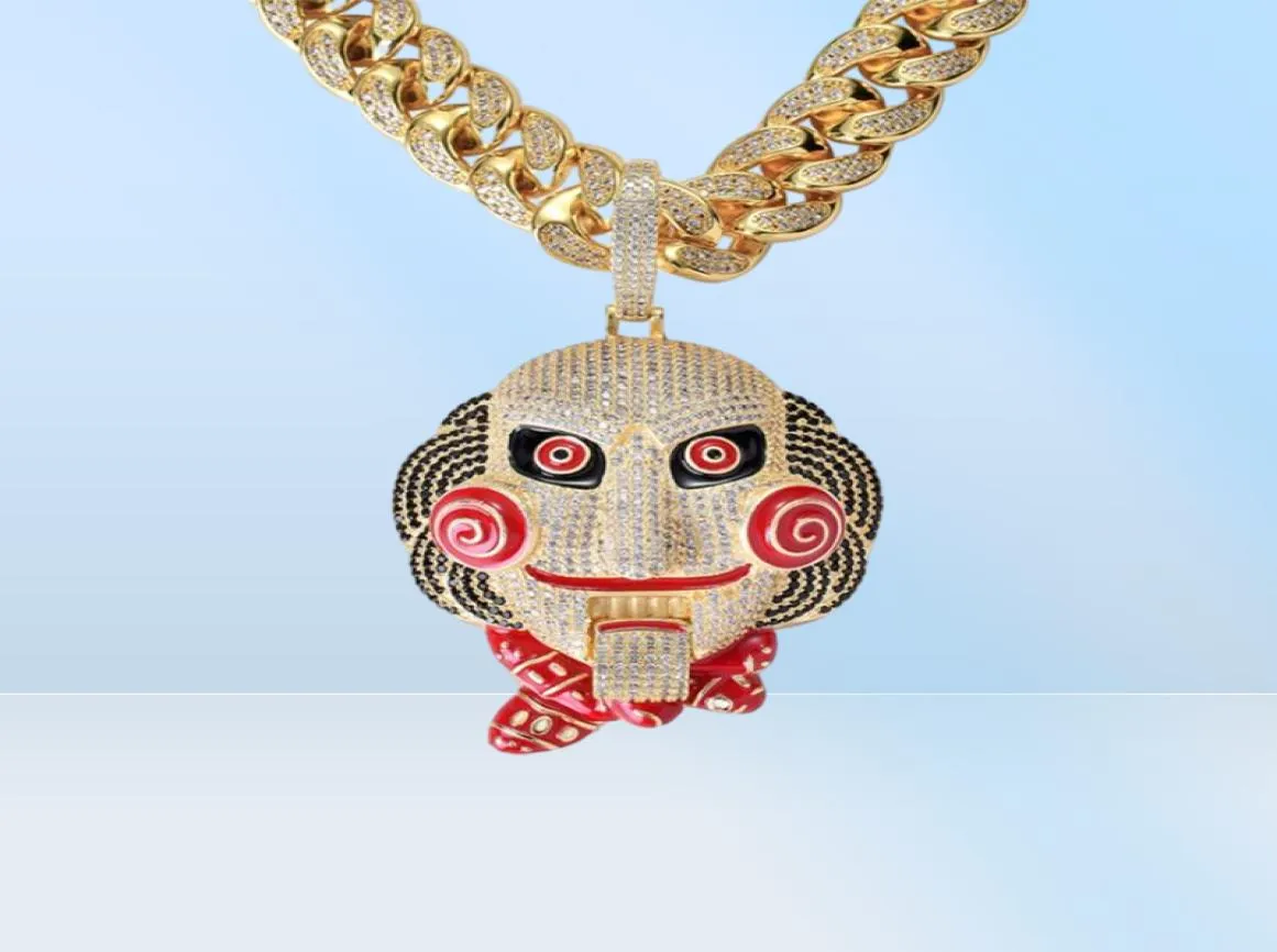 ECED Out Large Size 6ix9ine Mask Doll Anhänger Halskette Mund kann mit goldenen versilberten Mikro gepflasterten Zirkonmännchen Schmuck bewegt werden1669970