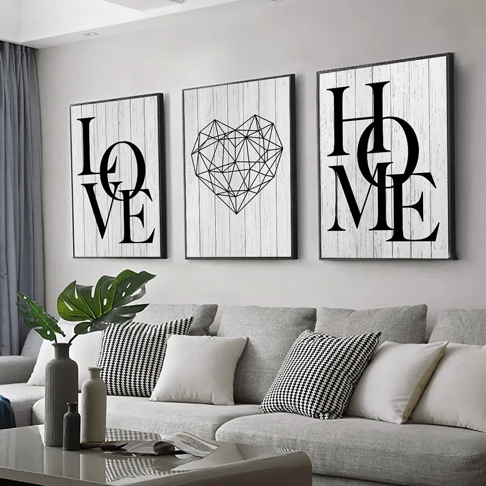3 pezzi Love Home Diamond Heart Letter Canvas Stampe Nordic Modern Living Wall Art Black White Decorative Dipinti Decor 240425