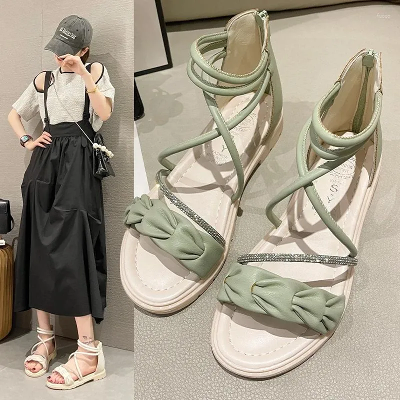 Sandals 2024 Fashion Korean Style Women Flat Shoes Ladies Square Heels Elegant Summer Outside Cross Tied Leather Female Slides
