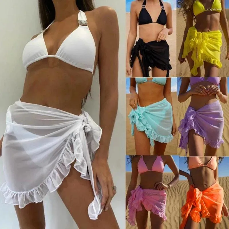 Kvinnor baddräkt bikini cover-ups kjol sommar fast färg strand wrap badkläder kvinnliga ruffles trim spets upp sarong omslag