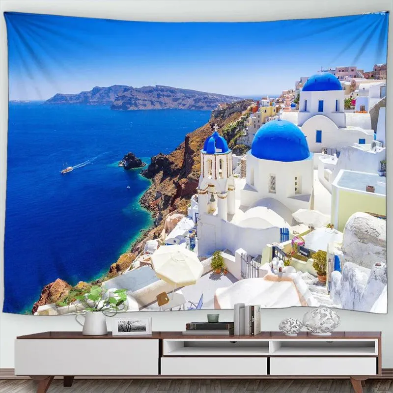 Tapestries Mediterraan Tapestry Grieks blauw en wit architectuur Island Ocean Landscape Home Living Room Dorm Decor Garden Wall Hanging
