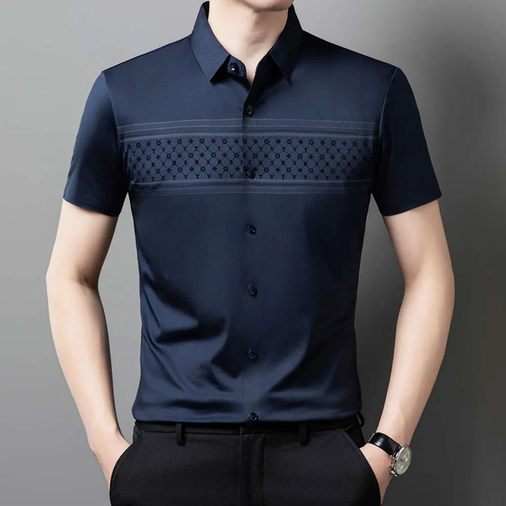 And Casual Fashionable Short Shirt, Summer New Seamless High Elastic Lapel Print, Middle-Aged Men's Half Sleeved Shirt