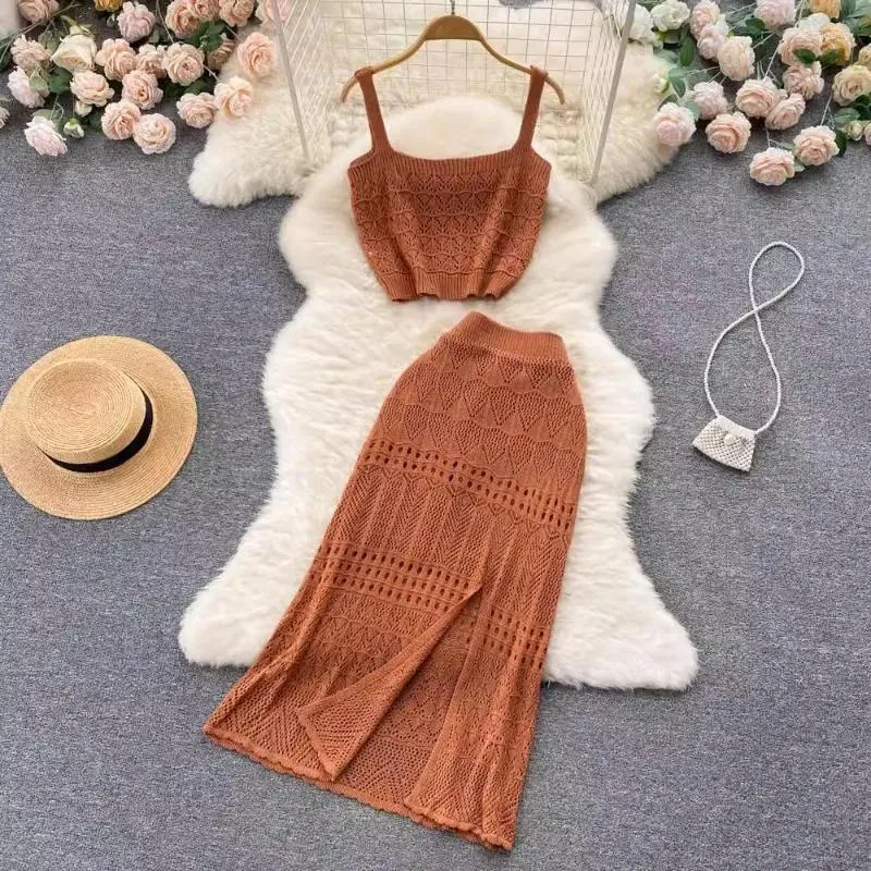 Work Dresses Women Beach Two Pieces Sets Summer Hollow Out Knit Camisole Elastic Waist Long Split Skirts Sexy Suits Dropship