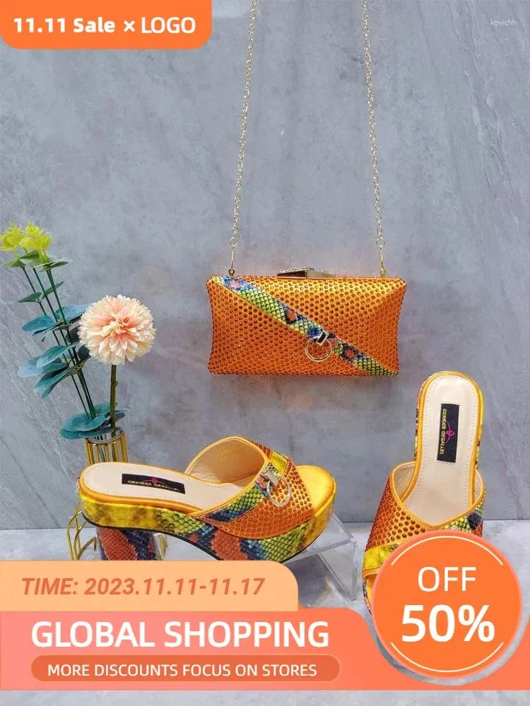 Dress Shoes Orange Women Pumps With Handbag Evening Party High Heels Platform Size 41 42 Peep Toe Summer Italian Shoe And Bag Set 2024