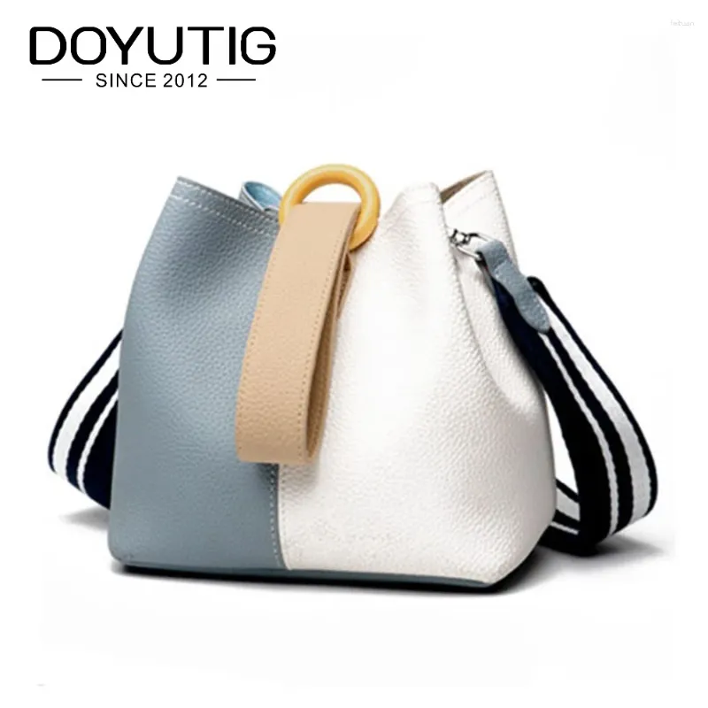 Вечерние сумки Doyutig модные женщины подлинное кожаное ведро с белым и синим цветом сплайсинга леди модных сумочек Crossbody f562