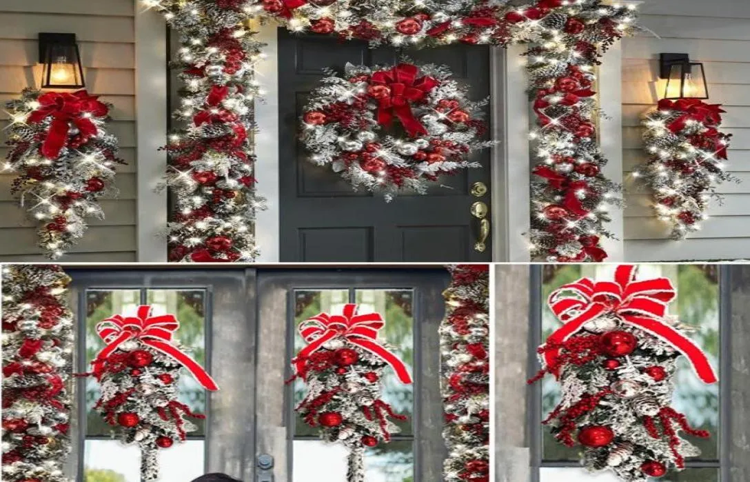 Couronnes de fleurs décoratives 2030cm le prélite sans fil Rouge et blanc Trim de la porte d'entrée de la porte d'entrée de Noël déco7137826