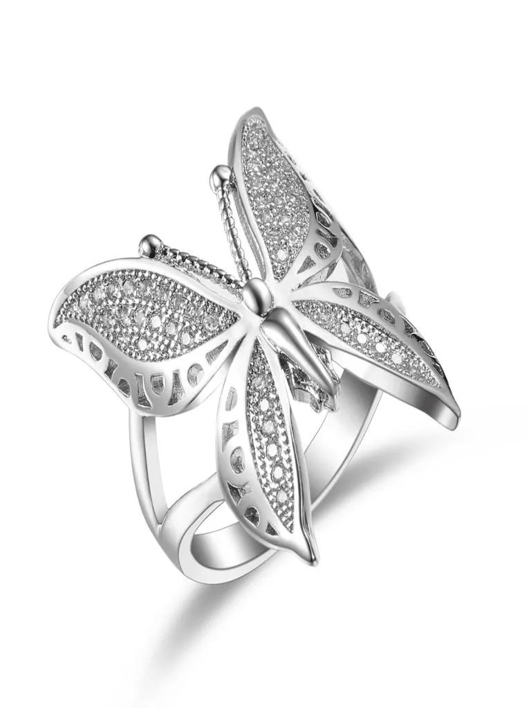 Söt kvinnlig stor fjäril Zircon Stone Open Ring Simple Wedding Rings 925 Sterling Silver Love Engagement4218465