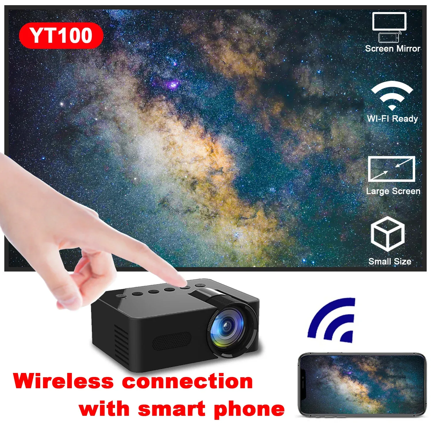 YT100 Pequeno conexão sem fio Teatro de celular Projector Home teatro Fonte de alimentação disponível Audio incorporado 240419