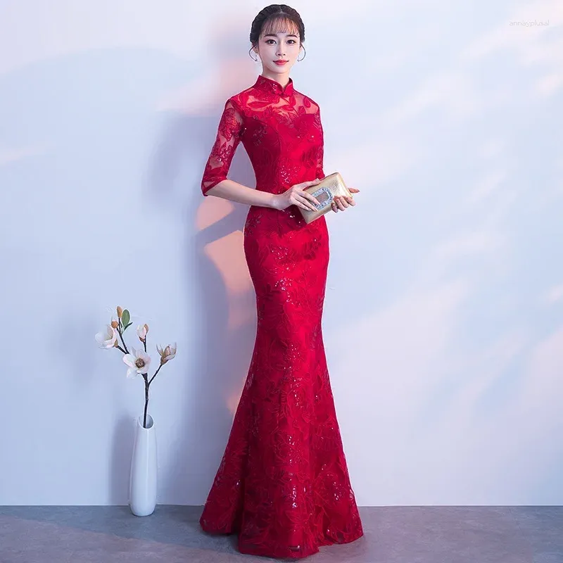 Party Dresses Red Womens Embroidery Evening Cheongsam Wedding Dress Maxi Qipao Long Gown Retro Vestido XS-3XL